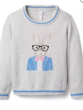 Janie and Jack Light Gray Bunny Sweater with Blue and Pink Accents